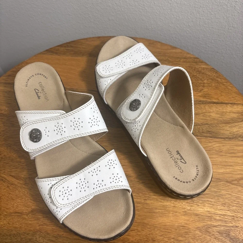 Clarks‎ Womens Leisa Lacole Sandal Size 9 M White Leather Slide Adjustable Shoe